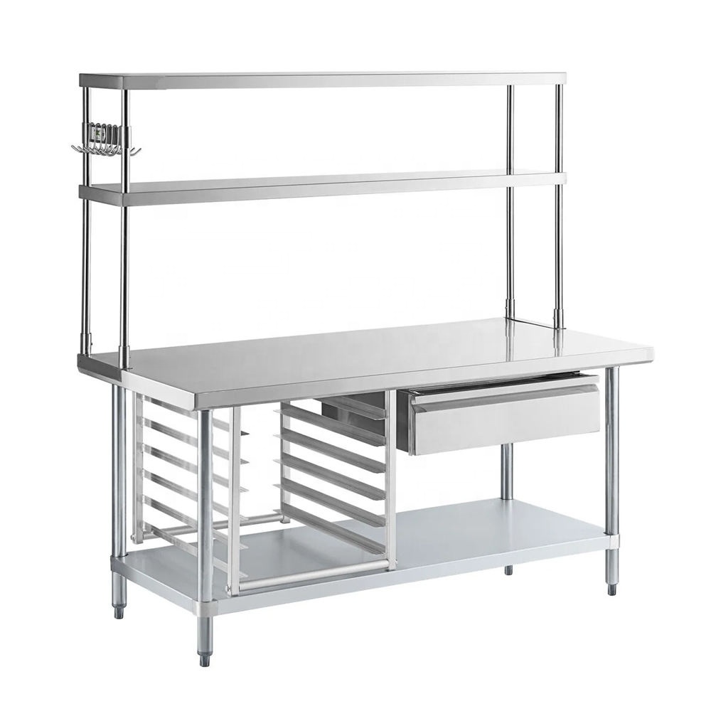Commercial Kitchen Worktops - อุปกรณ์ครัวเชิงพาณิชย์ที่ปรับแต่งได้ เฟอร์นิเจอร์ครัว โต๊ะทำงานสแตนเลส พร้อมชั้นวางด้านบน